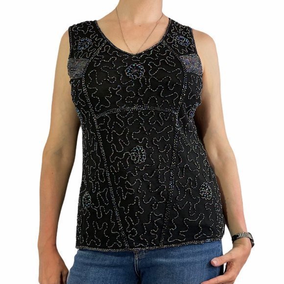 Pretty Angel Tops - PRETTY ANGEL Black Iridescent Beaded Silk Tank S/M